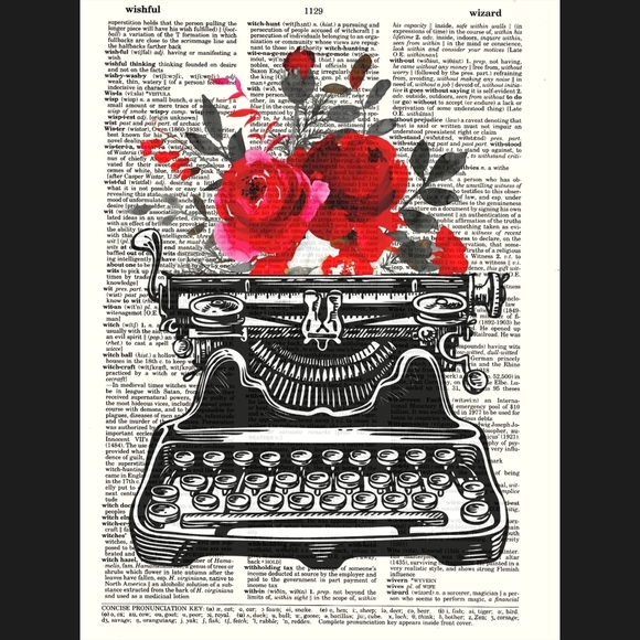 Handmade Other - Elegant Red Rose Typewriter Dictionary Art Print